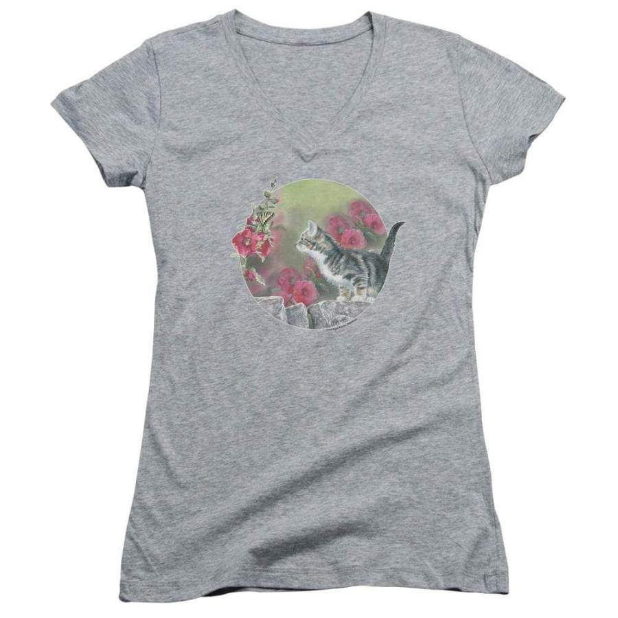 Wild Wings Kitten Flowers Juniors V-Neck T-Shirt