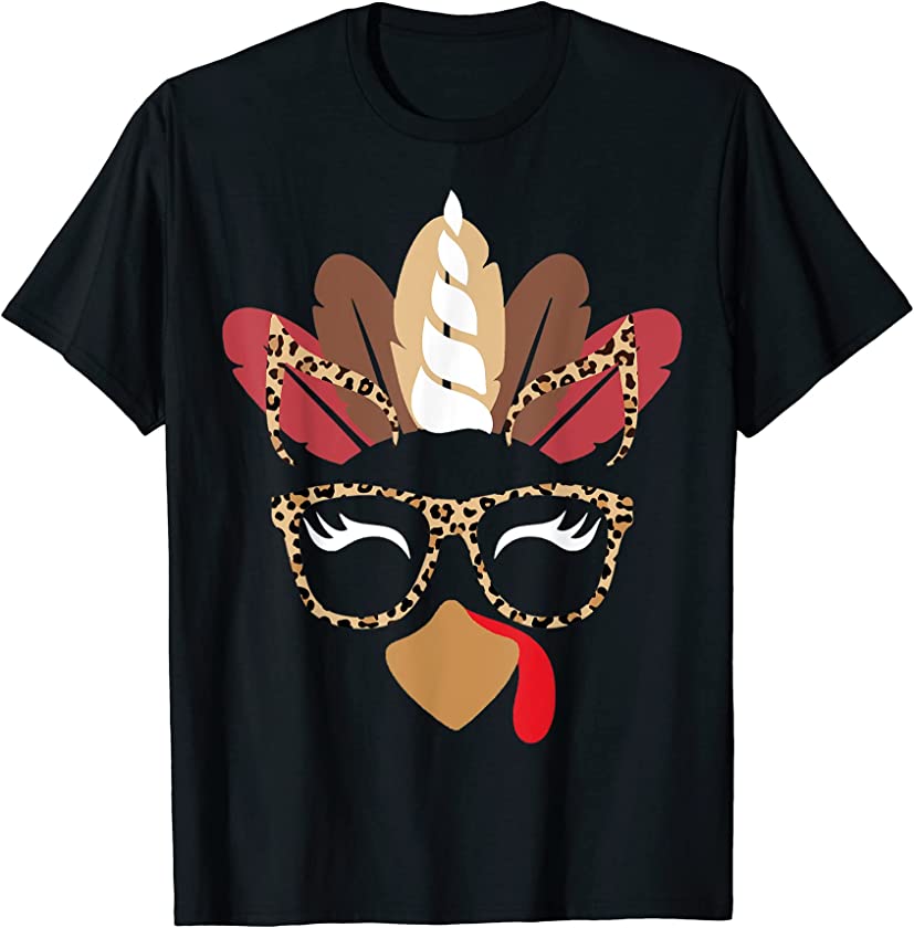 Unicorn Turkey Face Eyelashe Leopard Glasses Thanksgiving T-Shirt