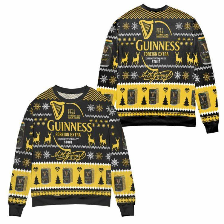 Guinness Foreign Extra Stout Christmas Pattern Ugly Christmas Sweater – All Over Print 3D Sweater – Black Yellow