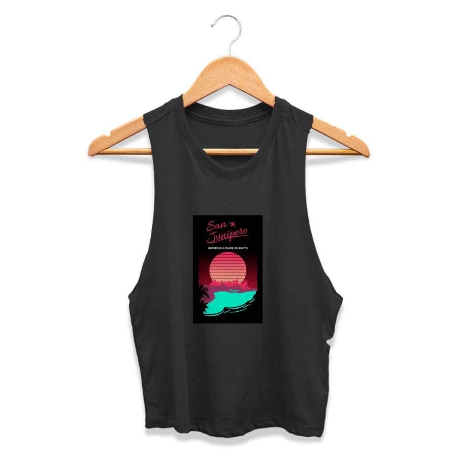 San Junipero Retro 80s Neon Original Art Animal Cute Mlack Mirror CPY Womans Crop Tanktop Tee