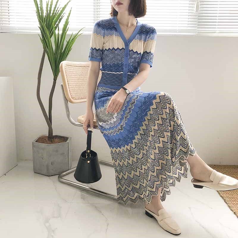 Summer Striped Knitted Two Piece Set Women New Elegant Short Sleeve Knitting Tops Elastic High Waist Long Maxi Skirt Blue Suits alx