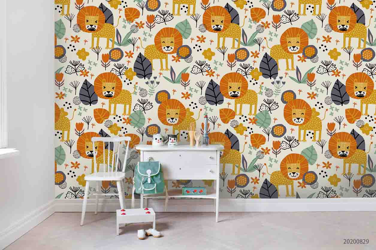 3D Cartoon Lion Floral Leaves Plant Wall Mural Wallpaper Lxl 1513