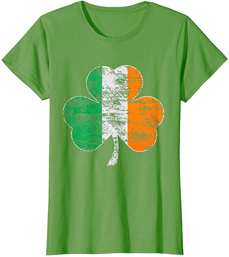 Womens St Patrick’s Day Vintage Style Distressed Shamrock Flag T-Shirt