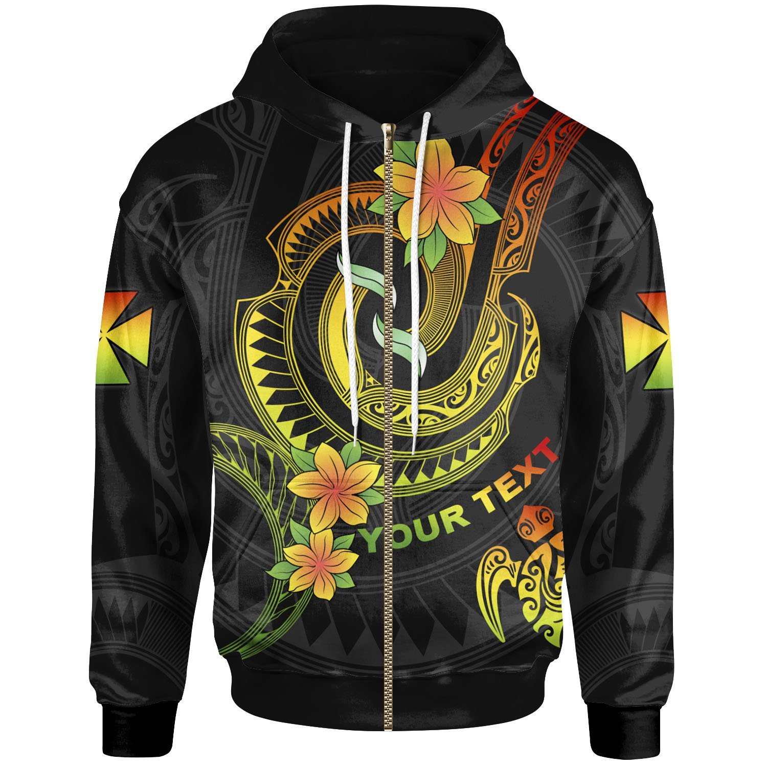 Wallis and Futuna Custom Personalised Zip-Up Hoodie – Reggae Plumeria Flowers with Spiral Patterns – BN26