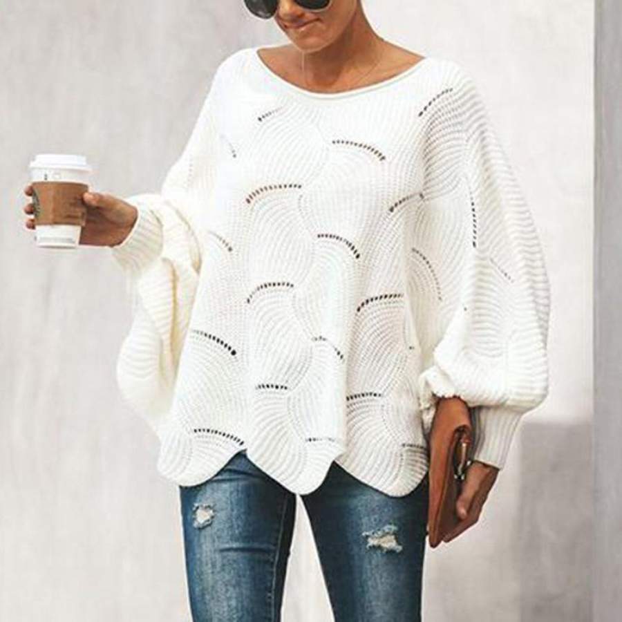 Women’s Fashion Solid Color Hollow Loose Sweater Fall Winter Pullover Top