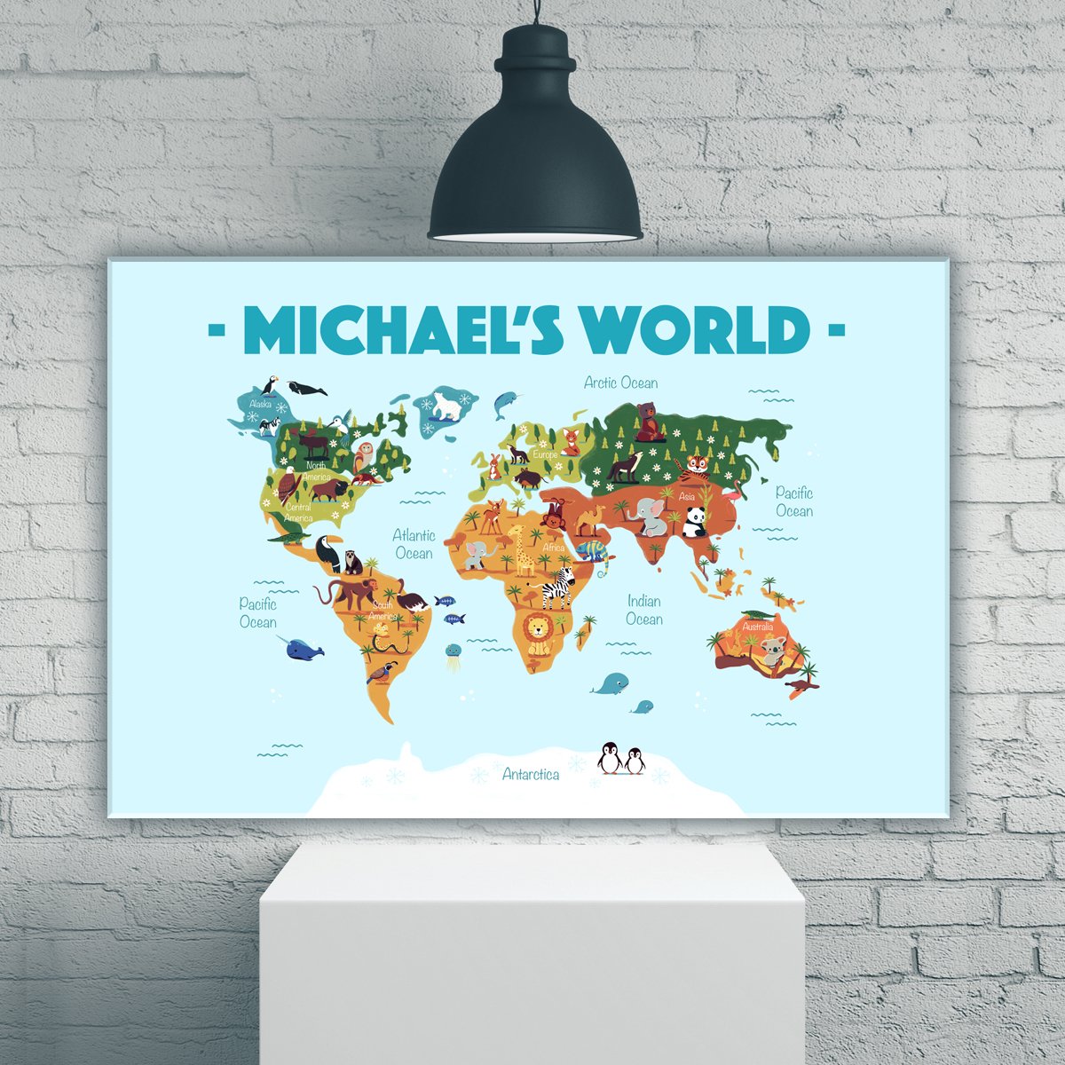 World Kids Animal Map Names Premium Personalized Canvas, Canvas Poster Wall Art, Poster Print, Canvas Print Wall Decor