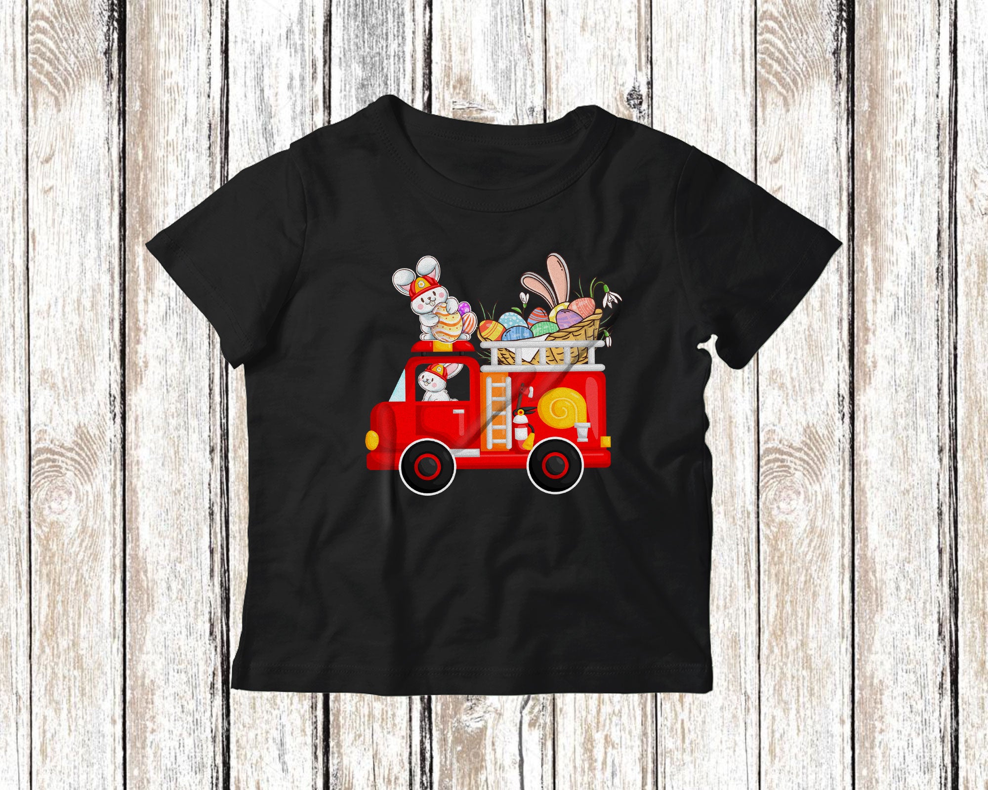 Bunny Riding Firetruck Easter Egg Cute Easter Bunny Boys Girls Kids Egg Hunt Fireman Gifts T-Shirt