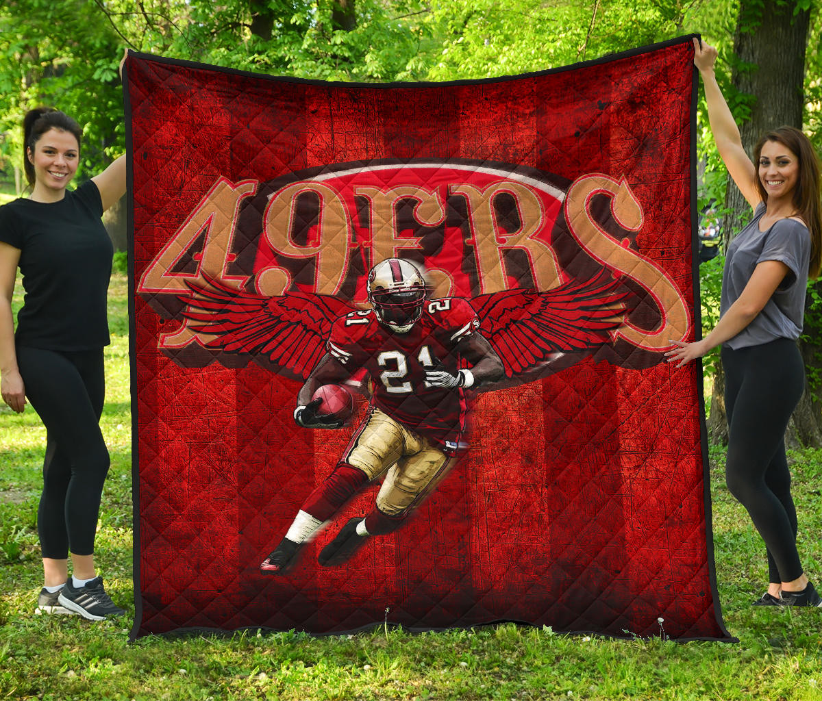 San Francisco Football 49Ers Football Player 21 With Wings Holding Rugby Ball Premium Quilt Blanket