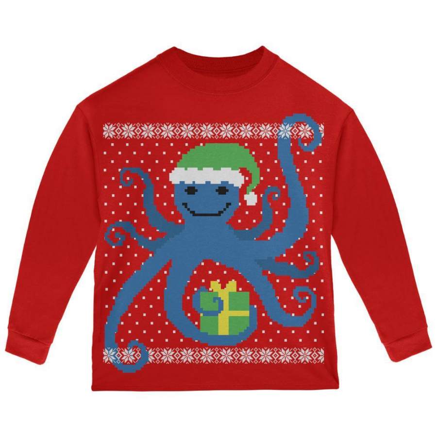 Ugly Christmas Sweater Octopus Red Toddler Long Sleeve T-Shirt