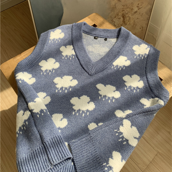 Sweater Vest Women Retros Fashion Cute Clouds Printed V-neck Korean Style Loose Sleeveless All-match College Student All-match alx