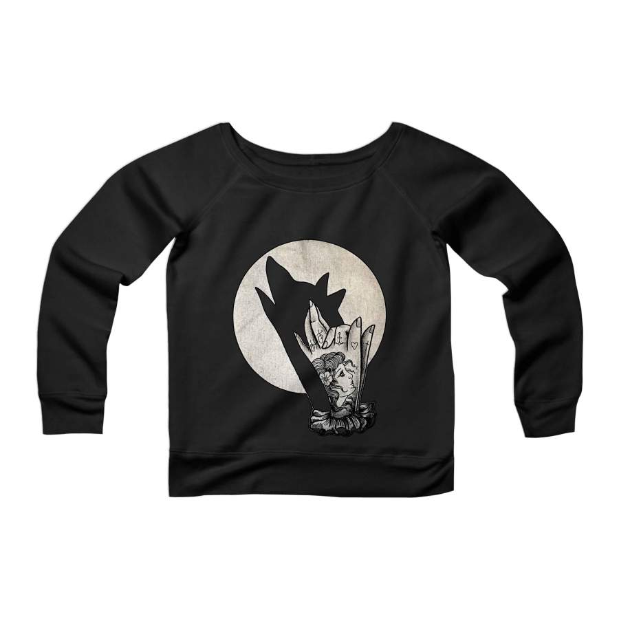 Wolf Moon Tattoo Hand Shadow Puppet Animal CPY Womans Wide Neck Sweatshirt Sweater