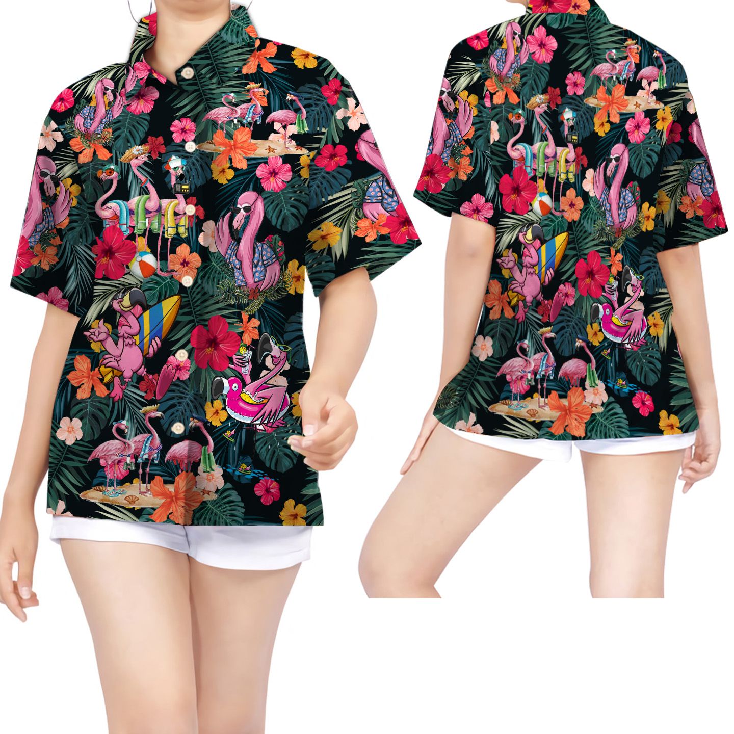 Flamingo Hibiscus Tropical Leaves Women Hawaii Shirt For Girls In Summer Ha14687