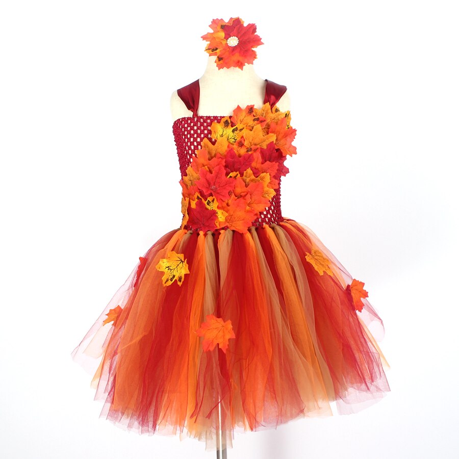 Autumn Fairy Girls Tutu Dress Maple Leaves Kids Tulle Dress with Headband Children Flower Dresses for Halloween Christmas alx