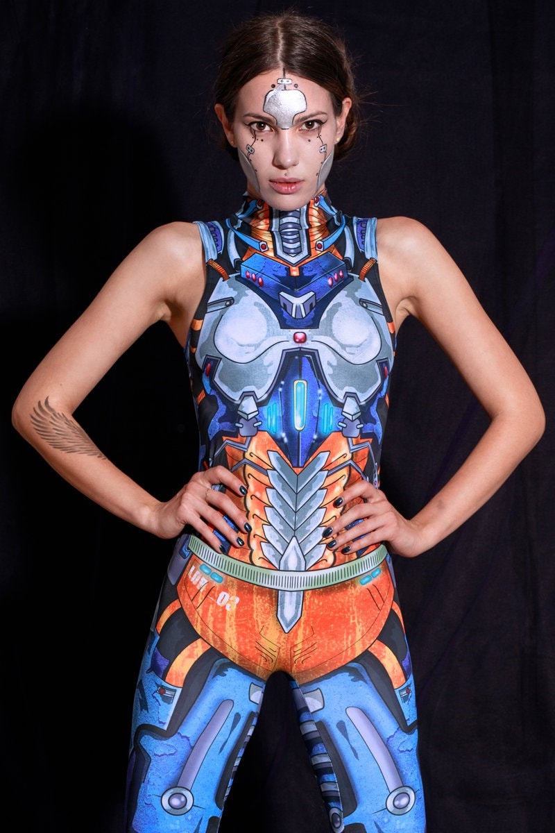 Sleeveless Robot Costume, Halloween Costume Women, adult Halloween costumes ideas, sci-fi clothing, Mechanical Catsuit, cyberpunk clothing