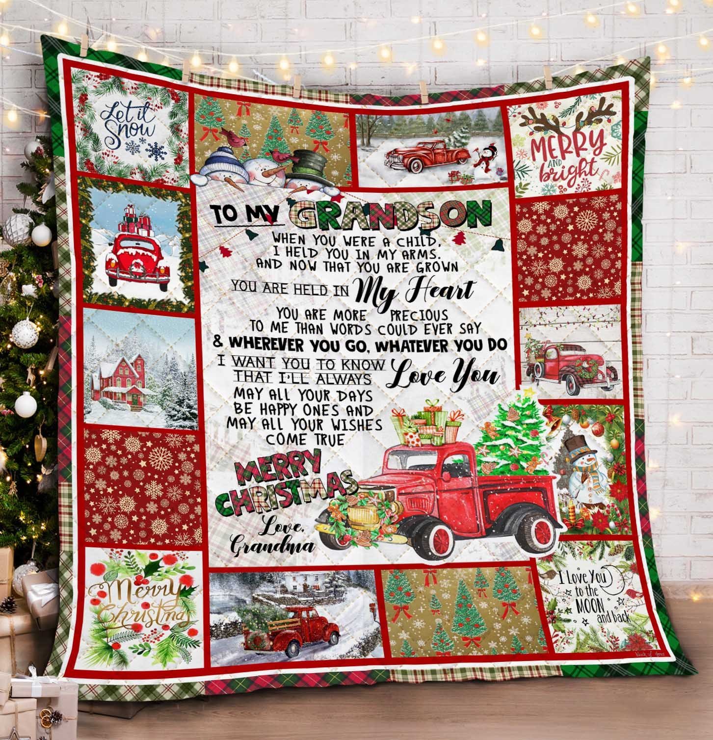 To My Grandson Red Truck Christmas Quilt Blanket Christmas Decor Gifts Ideas Christmas Presents Xmas Noel Bed Set Decor Gift