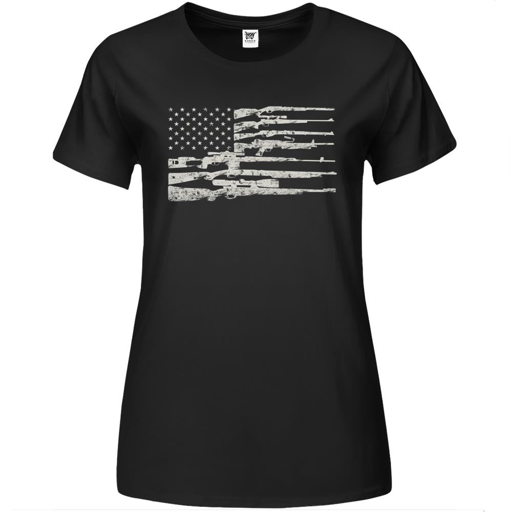 Big American Flag With Machine Guns T-Shirt 2A Flag Shirt Premium Womens T Shirts