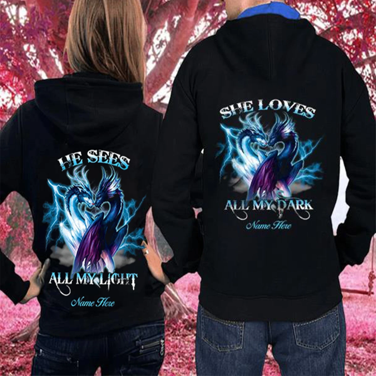 Personalized He Sees All My Light She Loves All My Dark Hoodie, Custom Dragon Couple Hoodie, Couple Hoodie, Husband Wife Sweatshirt, Unisex Sweater