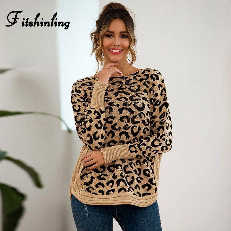 Slim Long Sleeve Leopard Knitting Boho Sweater