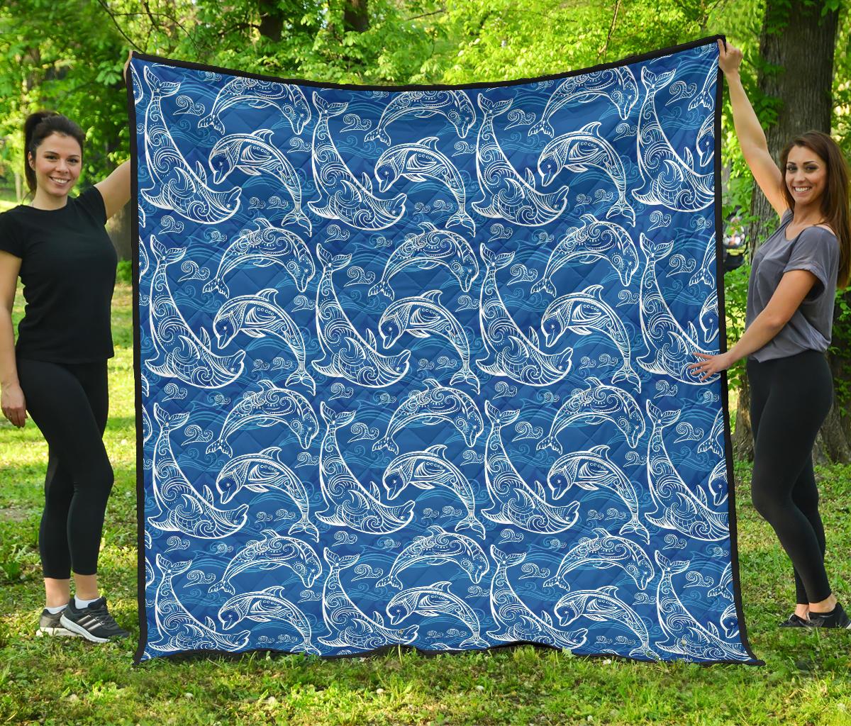 Dolphin Tribal Blue Pattern  Premium Quilt