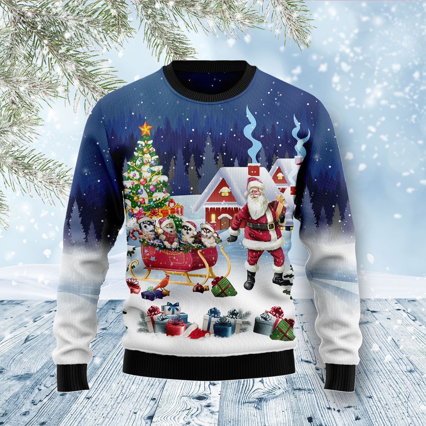 Siberian Husky Santa Sled D1311 Ugly Christmas Sweater