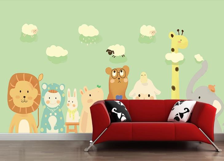 3D Cartoon Green Sky Cloud Animal Wall Mural Wallpaper Lqh 572