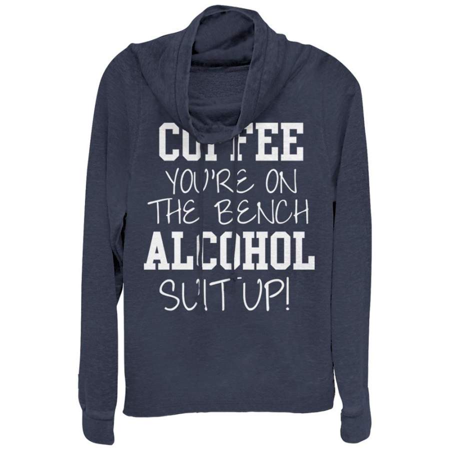 CHIN UP Junior’s Coffee Out Alcohol In  Cowl Neck Sweatshirt Navy Blue