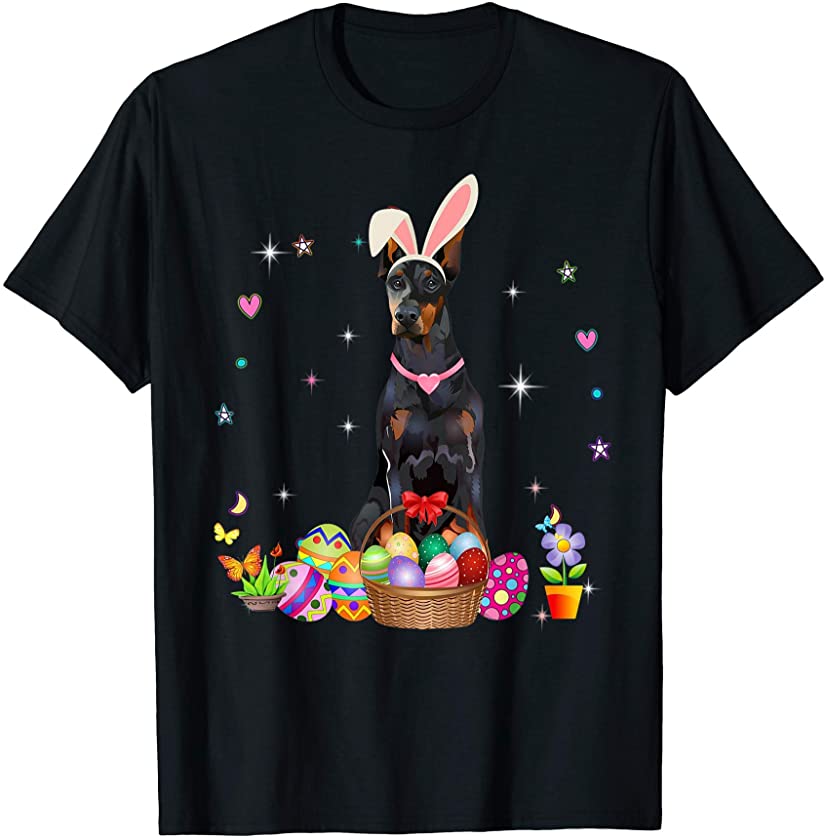 Cute Doberman Pinscher Easter Day Bunny Eggs Easter Womens T-Shirt