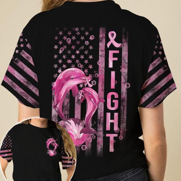 Fight Breast Cancer Awareness Pink Dolphin American Flag Breast Cancer 3D Clothes