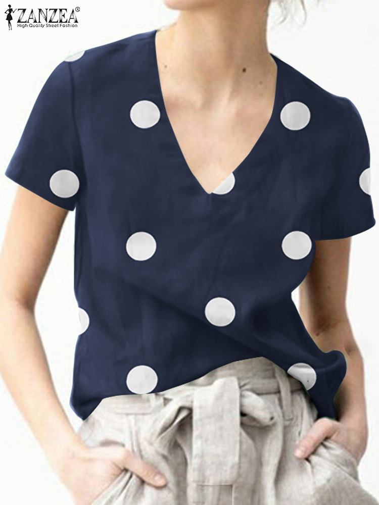 ZANZEA Fashion Short Sleeve Polka Dot Printed Blouse Summer Women Holiday Shirt Elegant Blusas Casual V Neck Party Tops Tunic alx