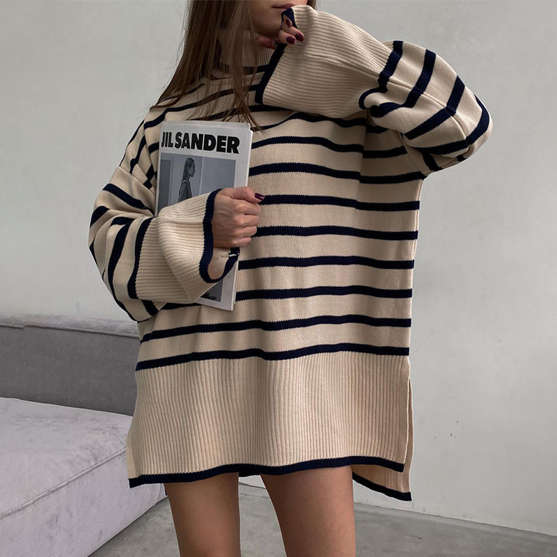 Striped Split Turtleneck Women Sweater Long Flare Sleeve Knitted Oversized Autumn Winter Female Pullover Fashion Long Sleeve Top alx