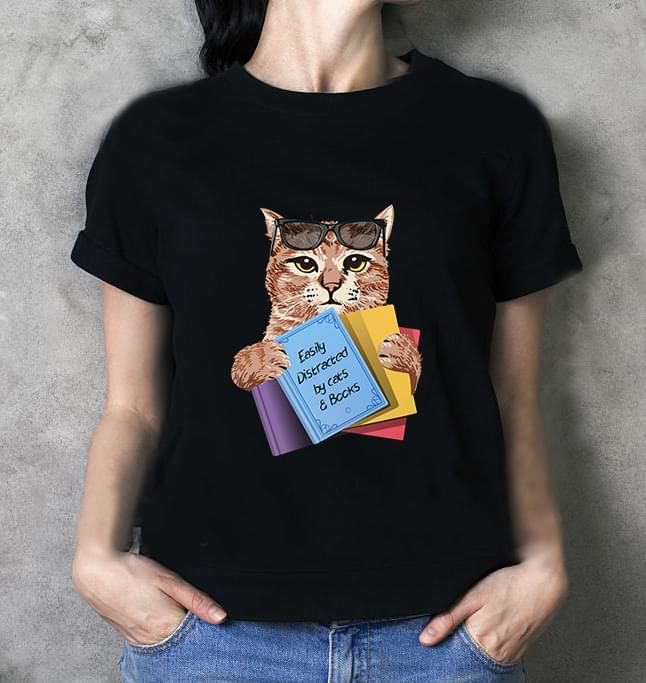 Easily distrated by cats and books cute shirt Tshirt Hoodie Sweater