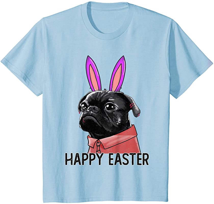 Kids Pug Dog Happy Easter Bunny Funny Boys Girls T-Shirt