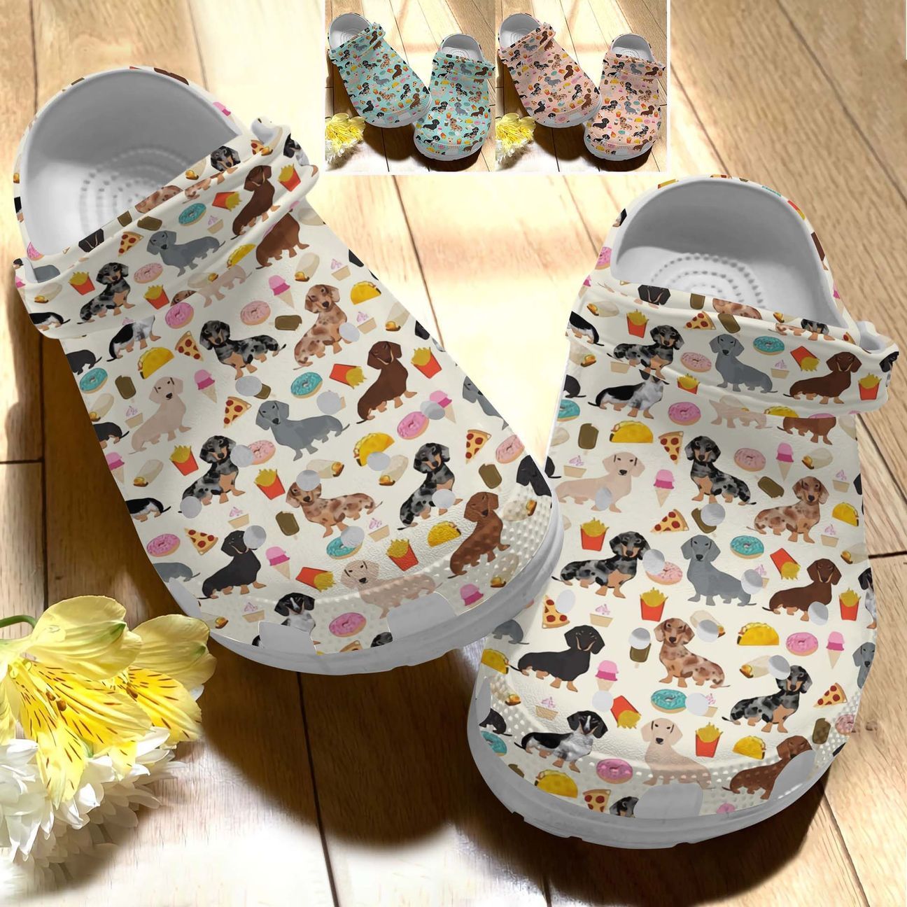 Dachshund Personalize Clog, Custom Name, Text, Fashion Style For Women, Men, Kid, Print 3D Whitesole Dachshund And Food