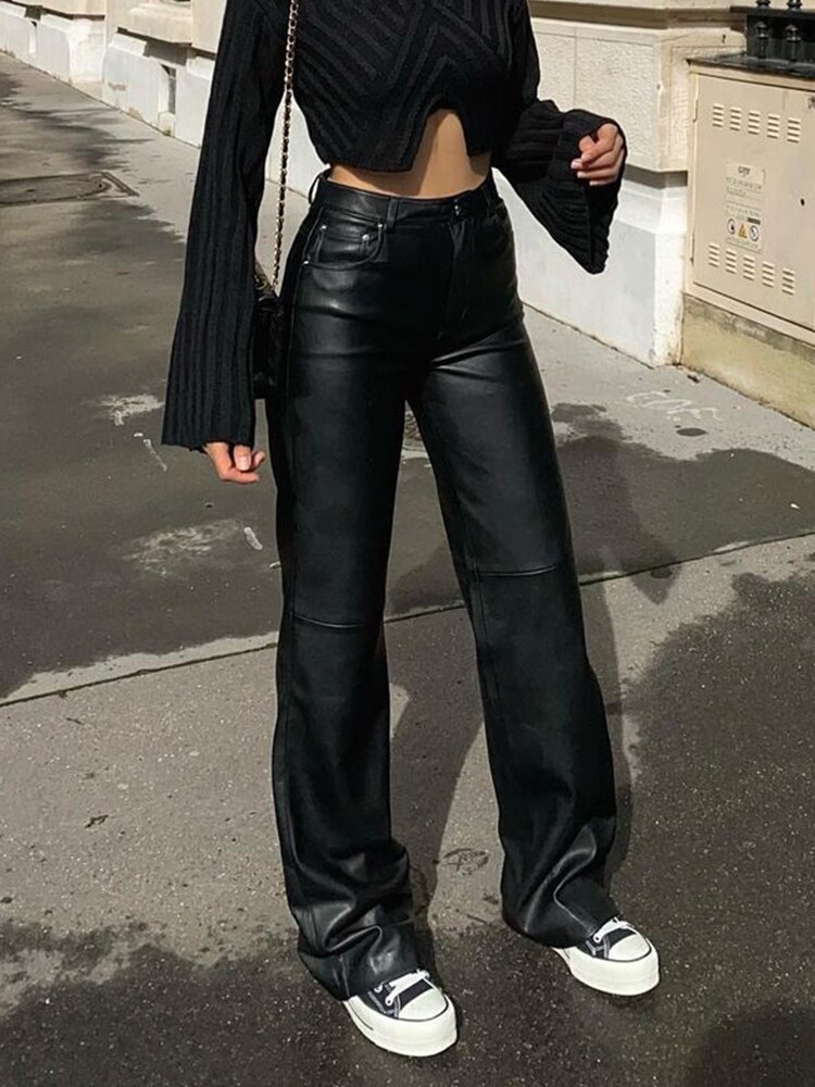 Women Faux Leather Pants PU High Waist Black Sexy Hip Lift Straight Leg Fashion Casual Leather Pants High Quality Korean Fashion alx