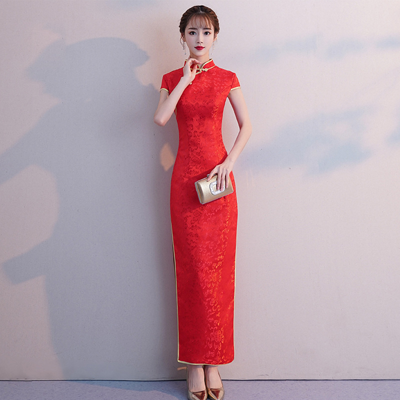 Women Red Long Chinese Traditional Dress Lady Elegance Short Sleeve Cheongsam Hotel Restaurant Staff Qipao Wedding Party Dress alx