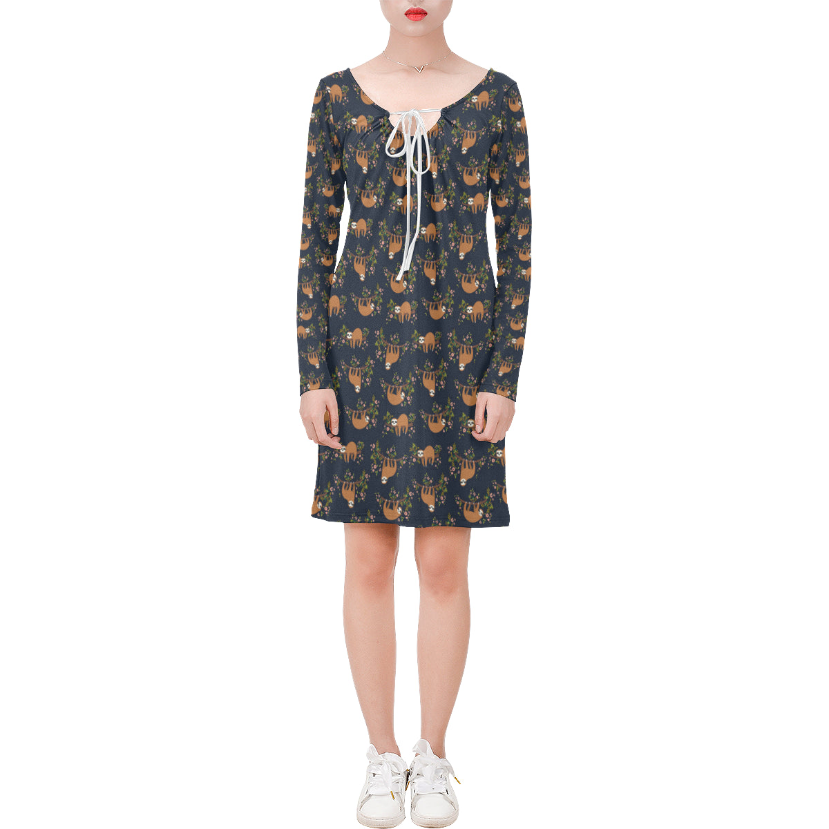Sloth Flower Design Themed Print Long Sleeves Dress