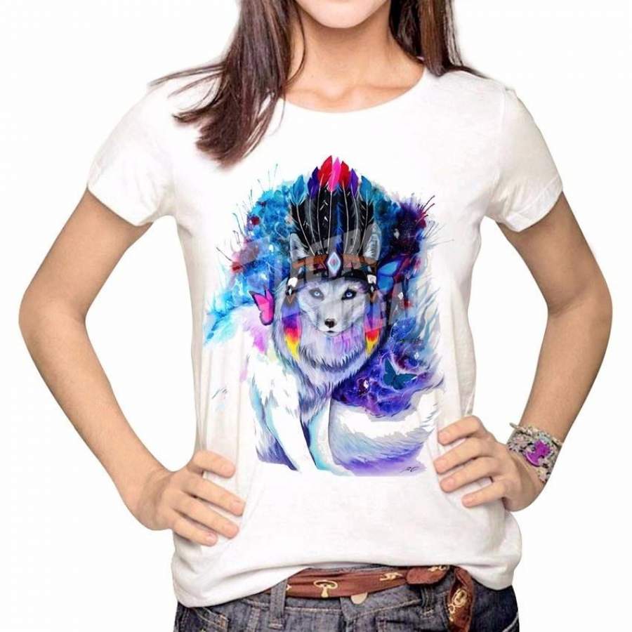 Women Summer White Cotton T-Shirt Street Style Tops Wolf Print Tees Harajuku Short Sleeve T Shirt