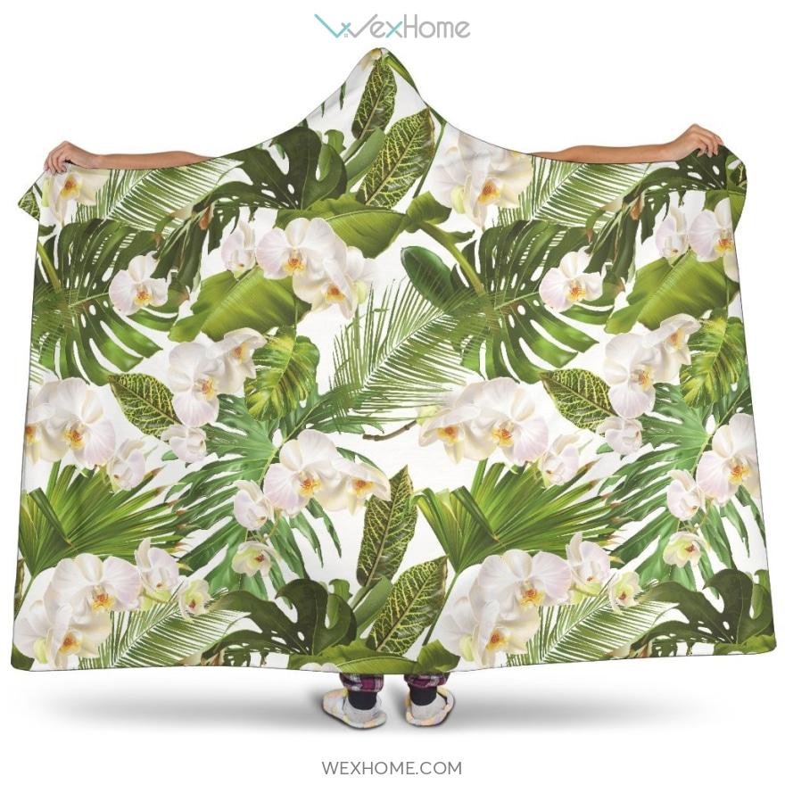 White Orchid Flower Tropical Leaves Pattern Hooded Blanket