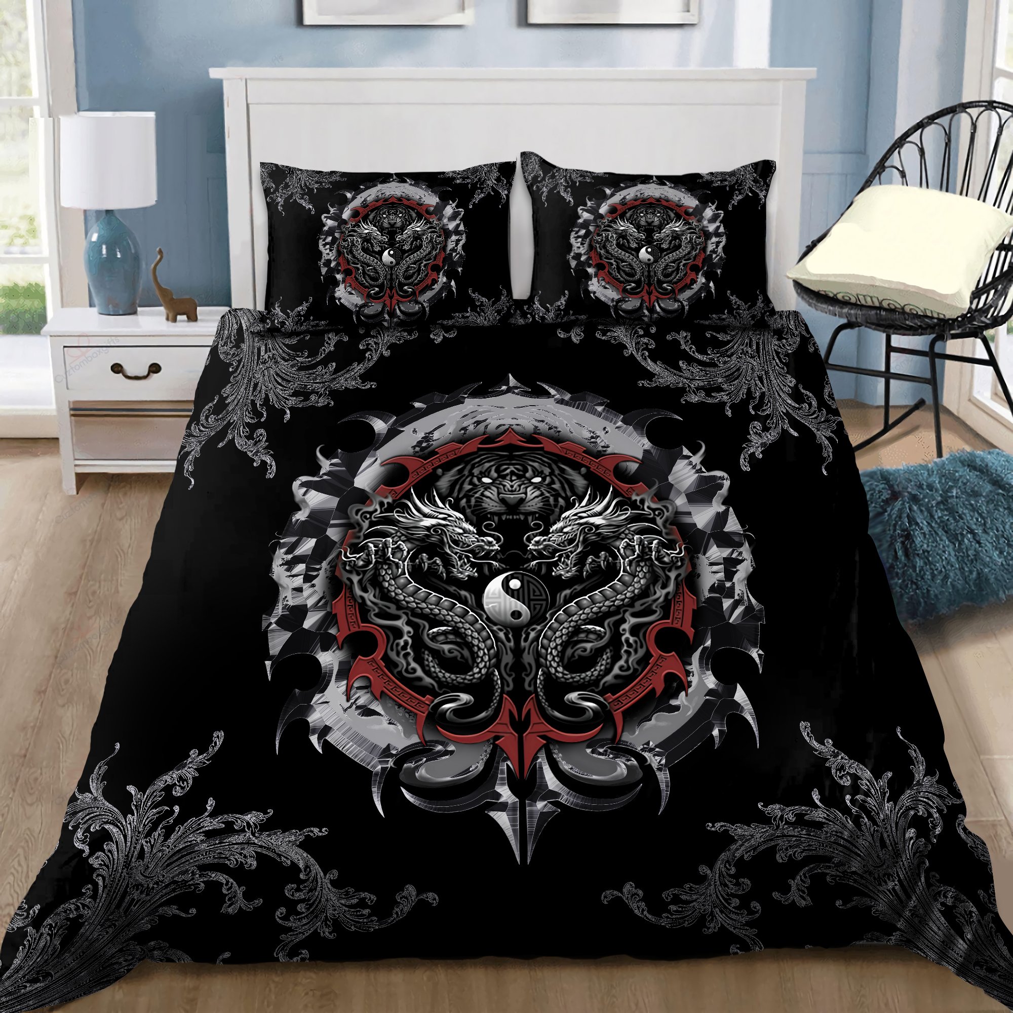 Dragon Tiger Yin And Yang Gothic Art 3D Printed Bedding Set-ML