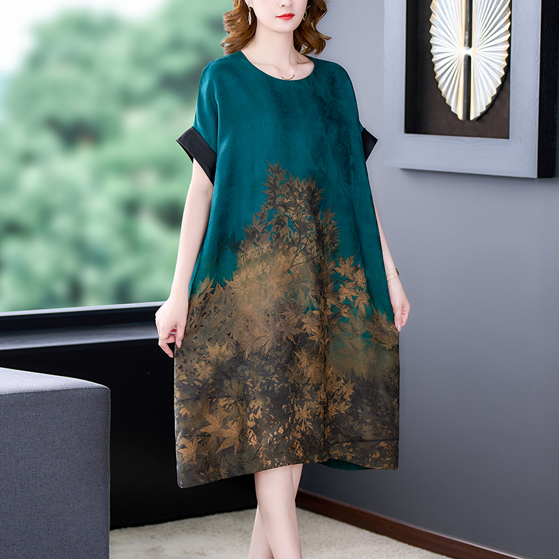 Summer Blue Print Natural Silk Midi Dress Women Elegant Loose Waist Short Sleeve Dress 2022 Korean Vintage Casual Party Dresses alx