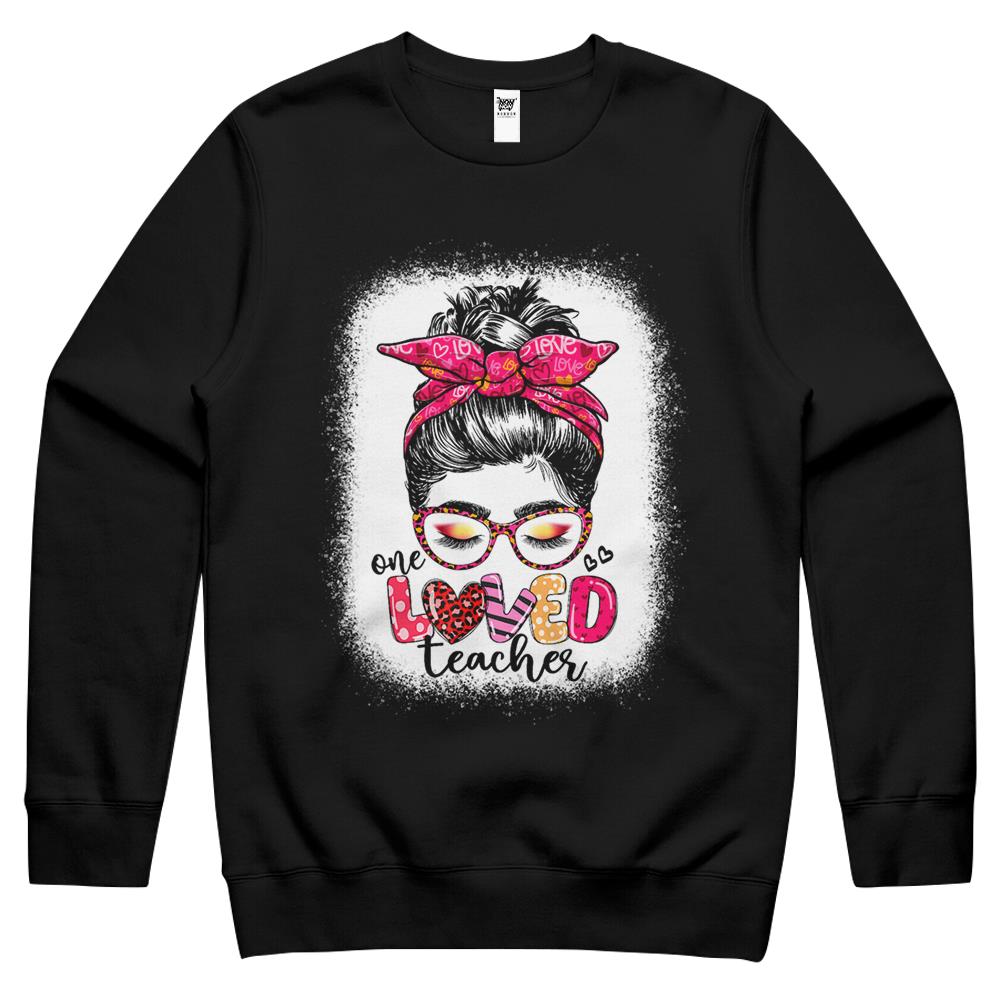 One Loved Teacher Messy Bun Womens Teachers Valentine’S Day Crewneck Sweatshirt