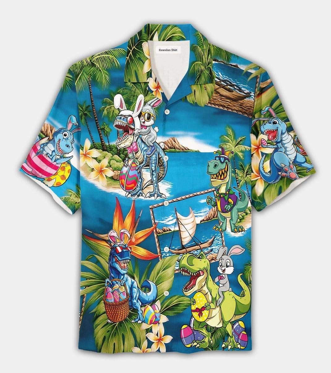 Find Happy Easter 2021 Amazing Bunny Riding Dinosaur Unisex Hawaii Aloha Shirts Dh Ha5575