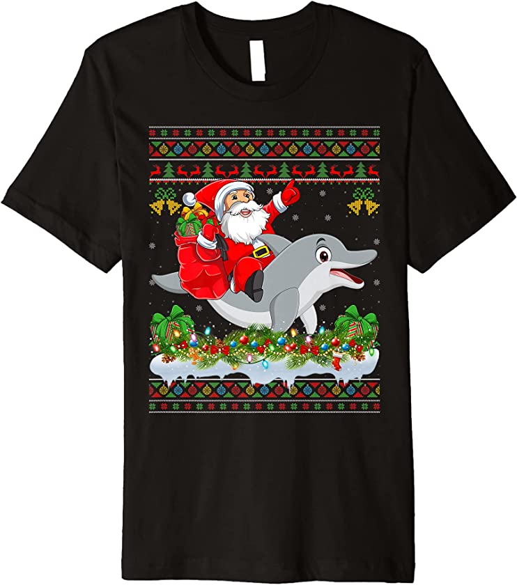 Dolphin Fish Xmas Pajama Ugly Santa Riding Dolphin Christmas Premium T-Shirt