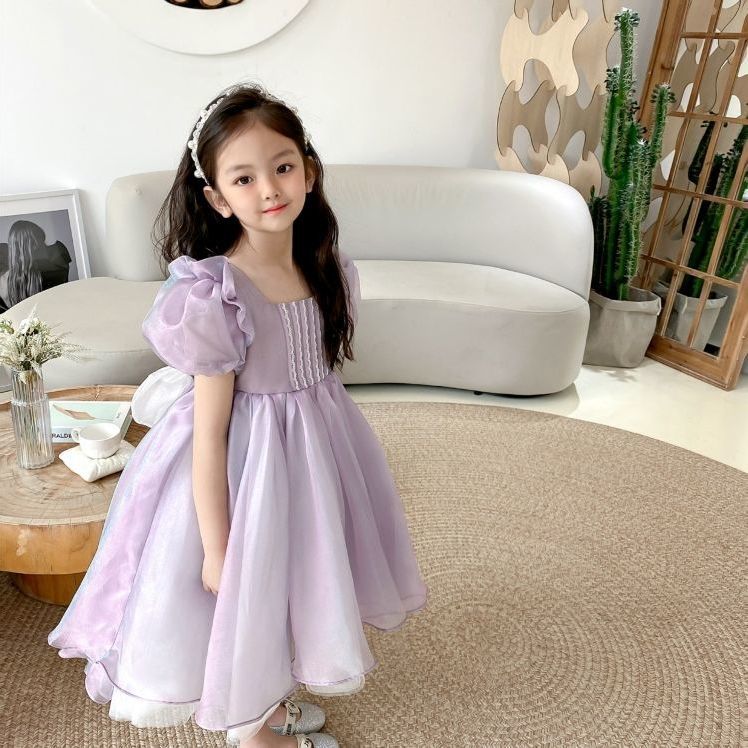 2022 Girls Baby BIG Bow Puff Sleved Birthday Party Long Dress Kids Summer Fashion Princess Dresses Children Clothing 2-12age alx