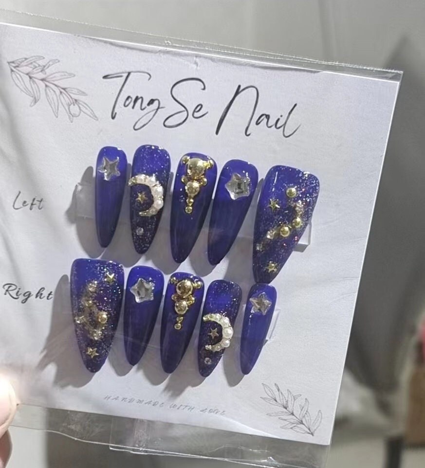 Dark Navy Blue Sailor Moon Press On Nails | zodiac Kawaii Nails | Cute Nails | Princess Nails | Fake Nails | Stiletto Nails | #229