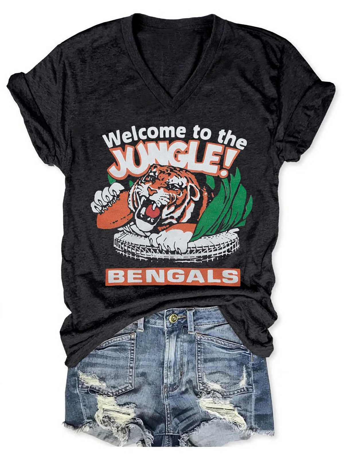 Women’S Cincinnati Bengals Welcome To The Jungle Cincinnati Bengals Tiger V-Neck T-Shirt