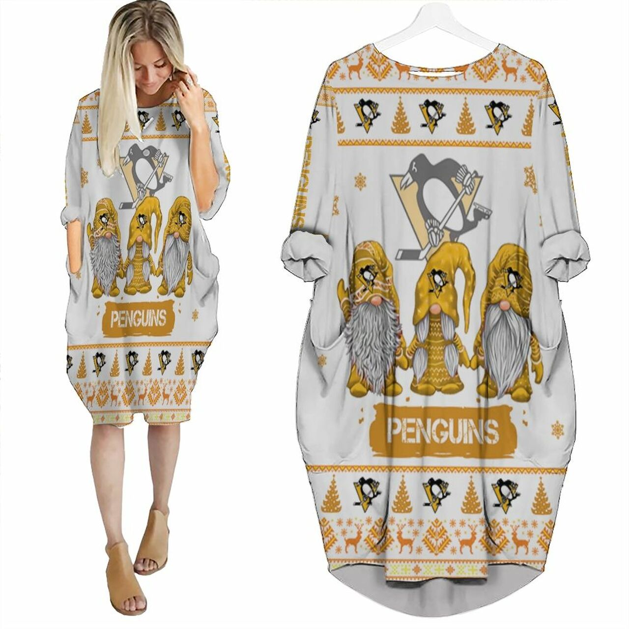 Christmas Gnomes Pittsburgh Penguins Ugly Sweatshirt Christmas 3D Batwing Pocket Dress Model A29721