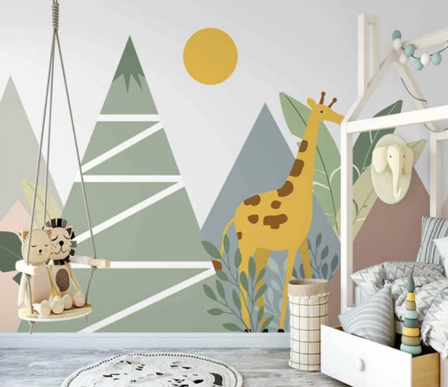 3D Cartoon Geometric Mountain Sun Giraffe Animal Wall Mural Wallpaper Lxl