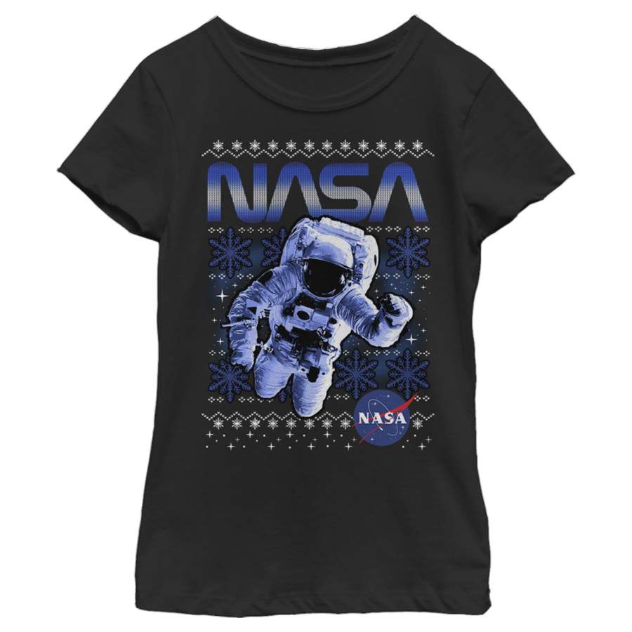 NASA Girl’s Ugly Christmas Astronaut Print  T Shirt