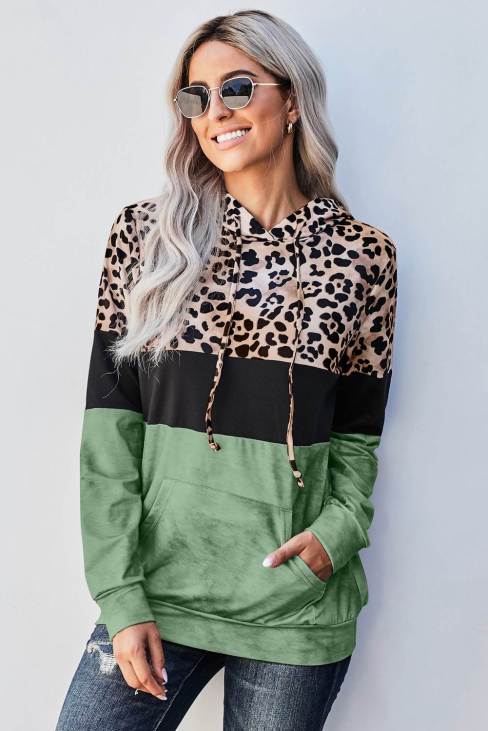 Sara Womens Tie Dye Green Colorblock Leopard Hoodie